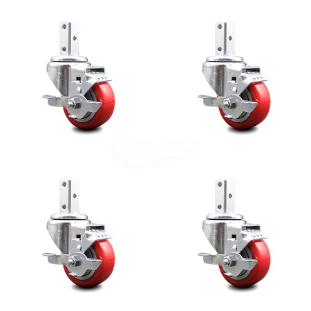 Service Caster 3.5 Inch Red Poly Wheel Swivel 3/4 Inch Square Stem Caster Set with Brake SCC SCC-SQ20S3514-PPUB-RED-TLB-34-4
